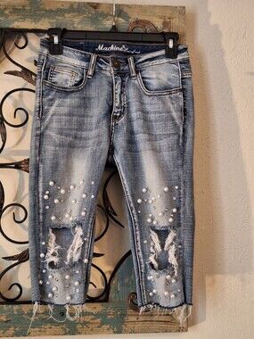 Light Blue Distressed Pearl-Embellished Cropped Jeans. Size 26